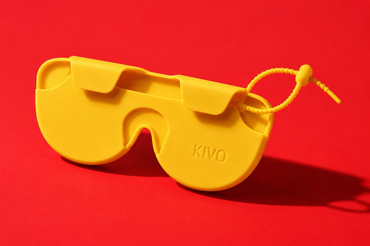 Estuche KIVO amarillo sobre fondo rojo